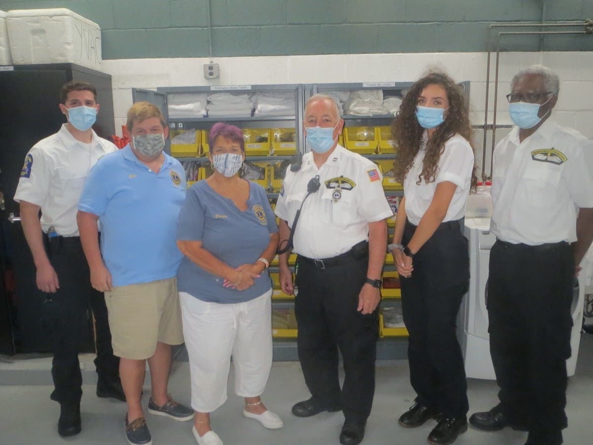  Pictured are Ahmed Eldana, Yorktown Lions' President Jim Poulin and Vice President Denise Poulin, Yorktown Ambulance Corps Captain Rick Davin, Lirije Mutafaj, and Desmond Poyser