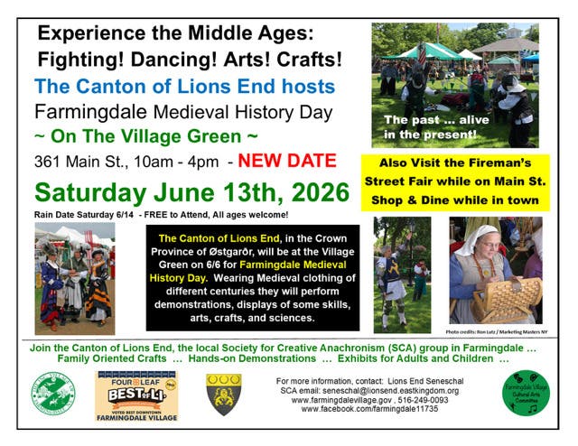 New Date 6/13: Farmingdale Medieval History Day along with Fire Dept Spring Fair 