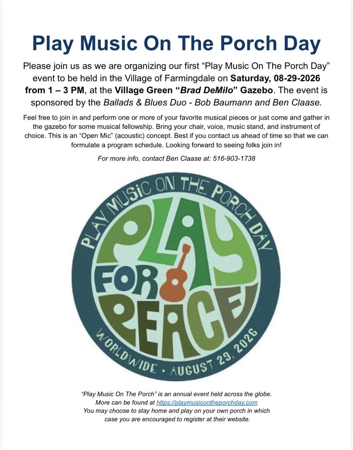 Play Music On The Porch Day @ The Gazebo in Farmingdale Village