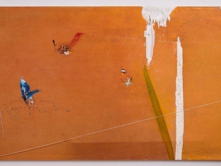 Engels the Artist, "Across the Border", 2016, oil on canvas with string and staples, 40 x 72 inches