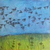 HOLLY HARRISON,  “Starlings for Mary Oliver” Size: 10” x 10”, Mixed media and found papers on wood pane
