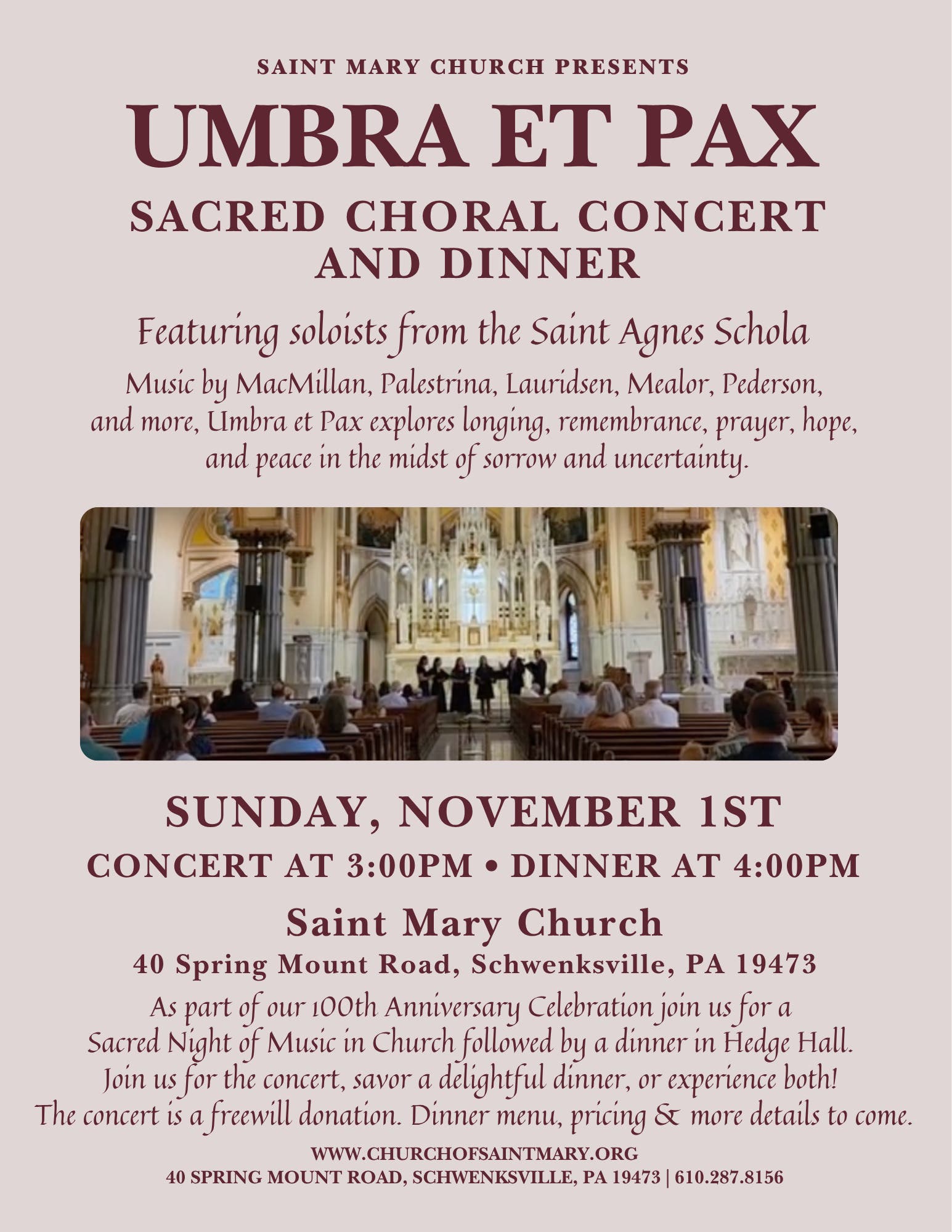 Umbra Et Pax - Sacred Choral Concert and Dinner at Saint Mary Church