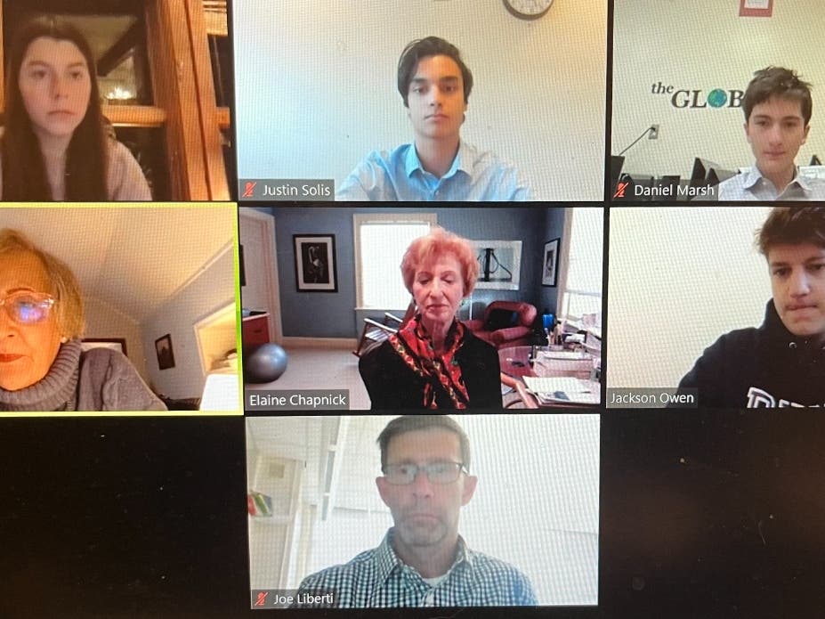 MHS Students Olivia Sundin, Justin Solis, Daniel Marsh, and Jackson Owen and MHS teacher Joe Liberti present proposal to increase voter participation 