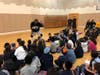 Corey the Dribbler speaking to Silverstein Hebrew Academy students about the character message R.E.A.D. – Respect, Education, Attitude/Activity and Don’t Bully or Do Drugs.
