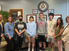 Principal James Murray, from left, Guidance Counselor Cristina Rivas-Laline, Daniel Zhang, Sophia Gu, Ryan Flood, Ethan Hsu, Guidance Counselor Sarah Egosi, and Director of Guidance Laurie Lynn.