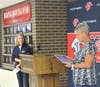 Judy Walsh Campo, left, introduced Marion Mastrangelo, who was recognized for being an exemplary field hockey goalkeeper during her time at Miller Place. 