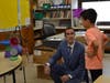 Students used recycled materials to create art projects, which they showcased to Mr. Karakas.