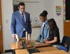 Students used recycled materials to create art projects, which they showcased to Mr. Karakas.