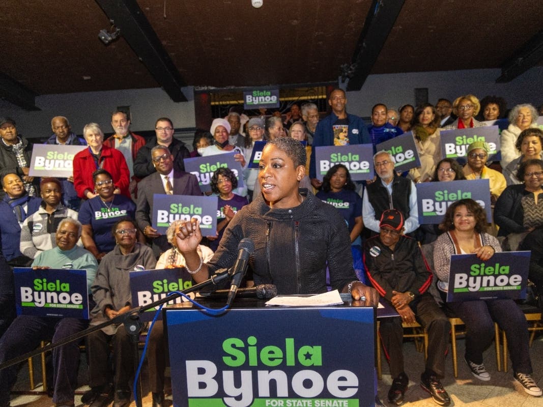 Siela Bynoe joined by friends, family, community leaders, school board members, faith leaders as she announces her candidacy. 