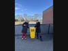 Sunrise Drive STEAM teacher Jenn Horton and Librarian Kelsey LaPort with the school’s Honest Juice pouch drop-off bin.