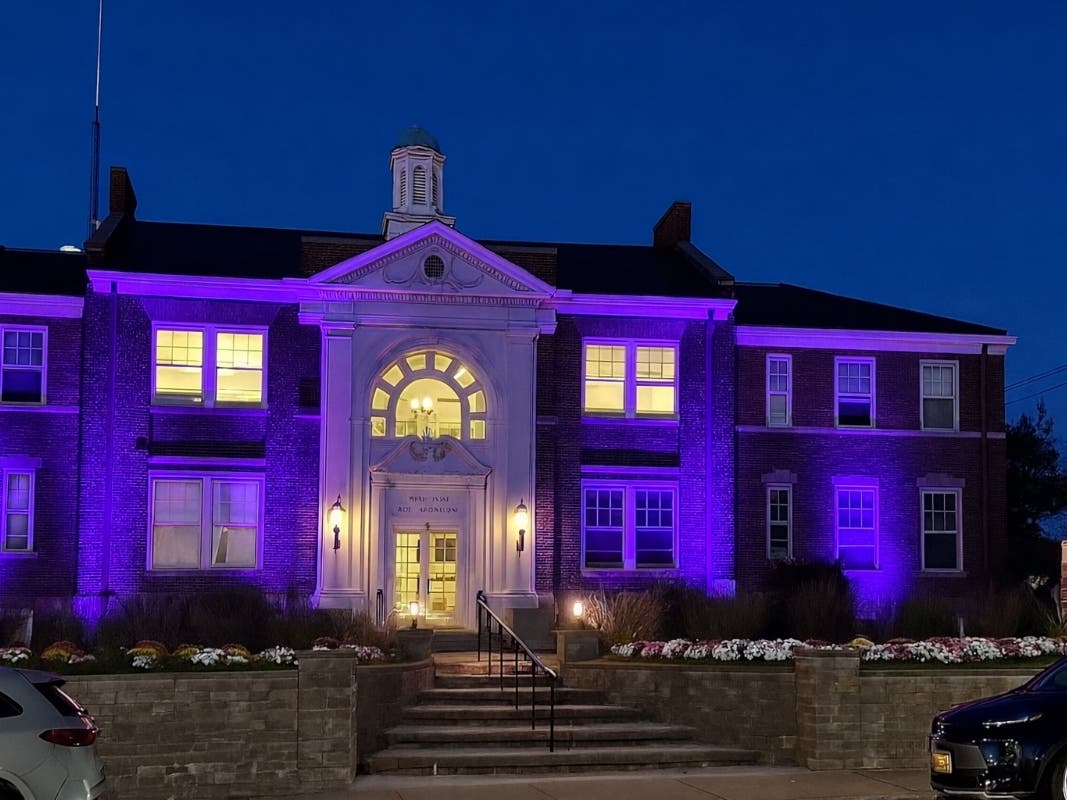 Town of North Hempstead Town Hall Illuminated in Purple in Honor of Purple Day. 