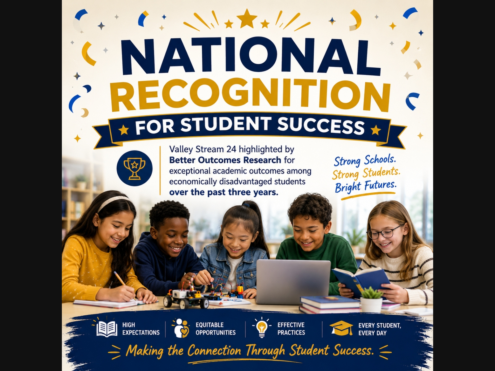 All Valley Stream 24 School District schools were recognized by Better Outcomes Research for their exceptionally strong academic outcomes among economically disadvantaged students.