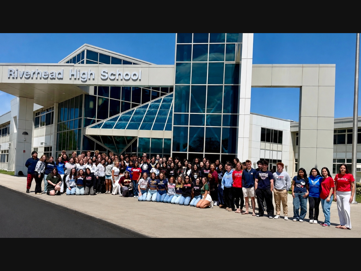 Riverhead High School seniors don apparel of the colleges and universities they will be attending.