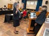 Lenore Pringle, left, takes her oath of office to serve as Uniondale’s deputy district treasurer.