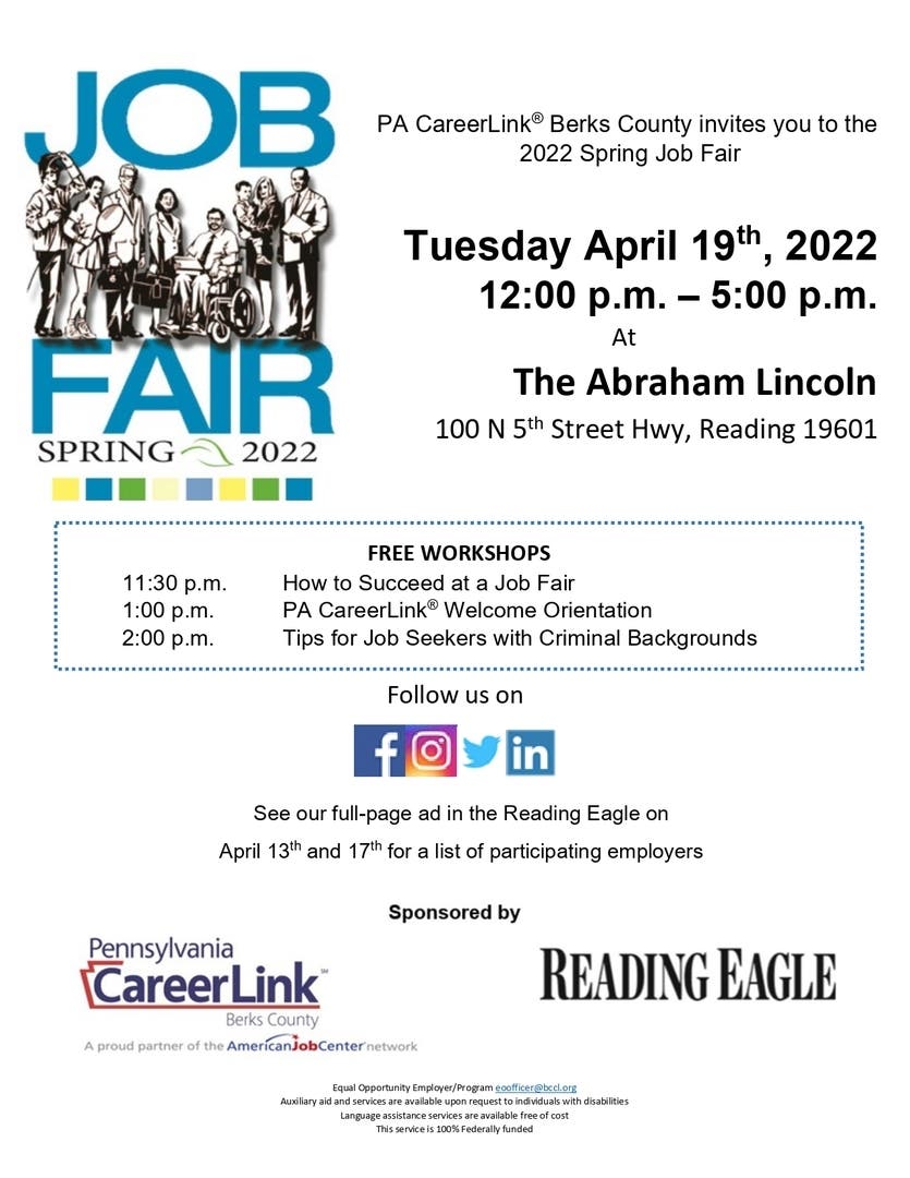Apr 19 | Spring 2022 Job Fair PA CareerLink Berks County | Pottstown, PA  Patch