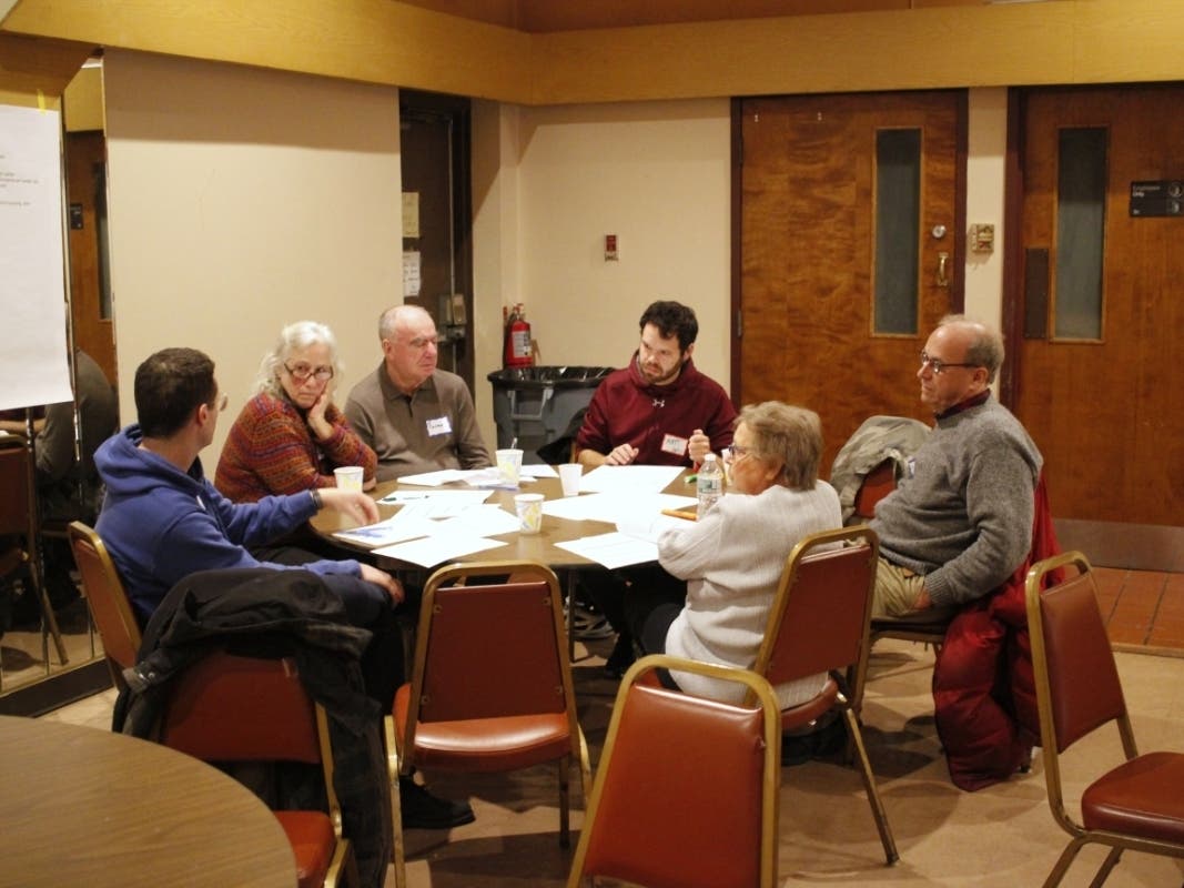 City residents discuss what kinds of development they might like to see in one of the two Opportunity Zones that have been designated in Somerville, Mass., at a meeting at the City Club on Nov. 16, 2019. 