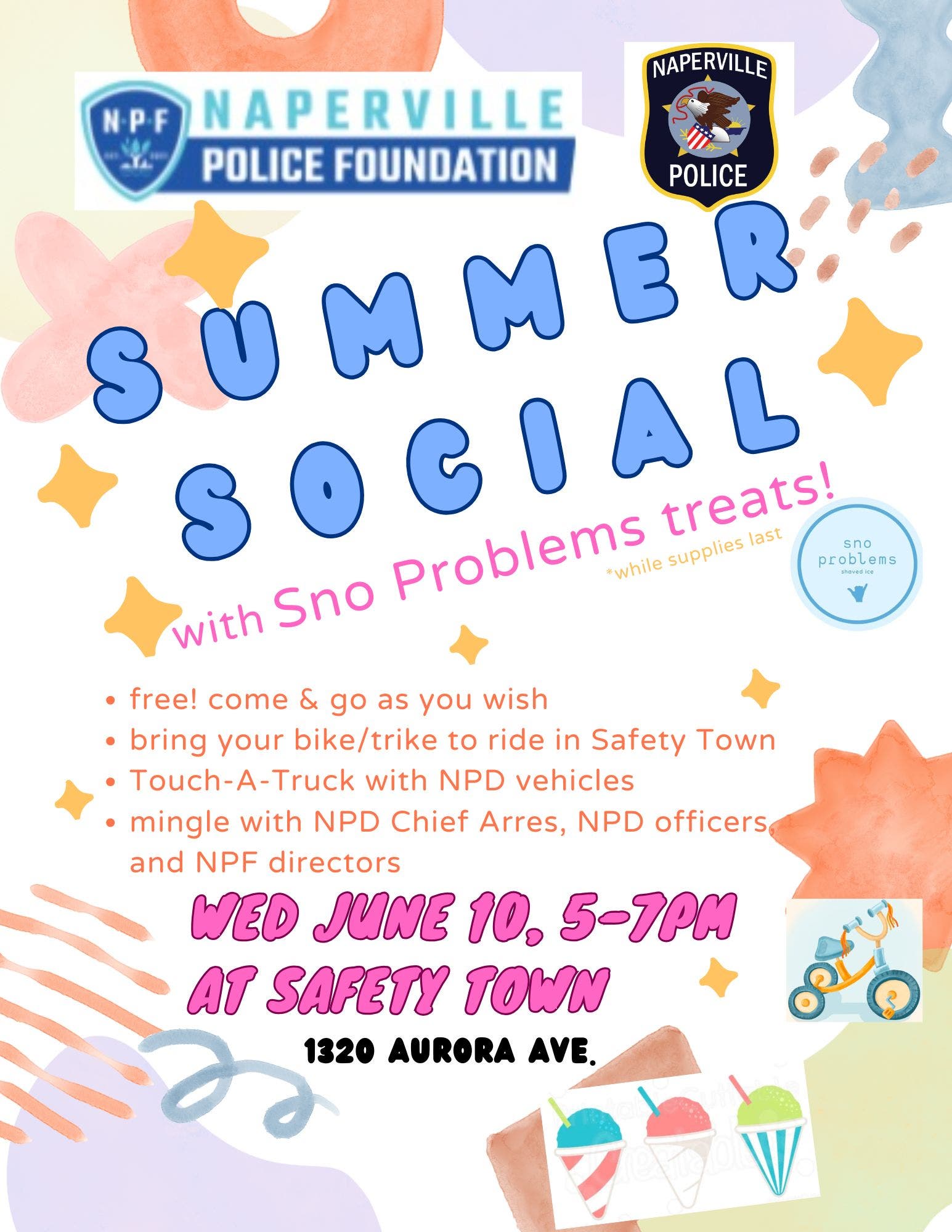 Naperville Police Foundation Hosts FREE Summer Social with Sno Problems at Safety Town, June 10 5-7p