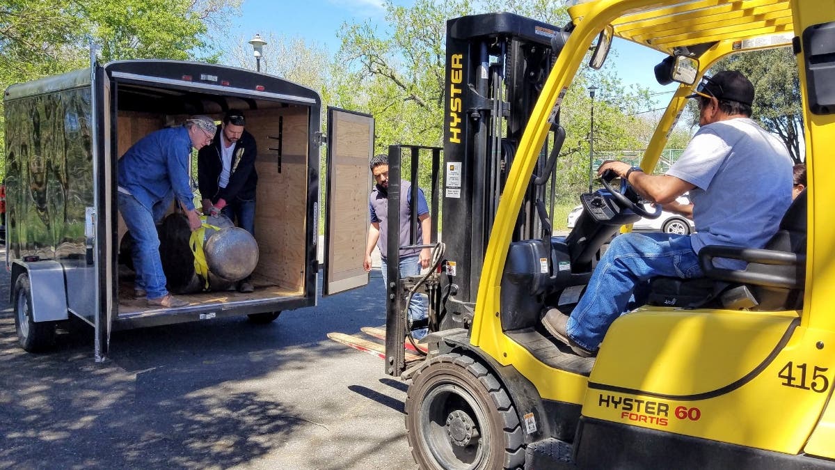 The stolen 200-pound metal hammer head is returned, April 12, 2019.