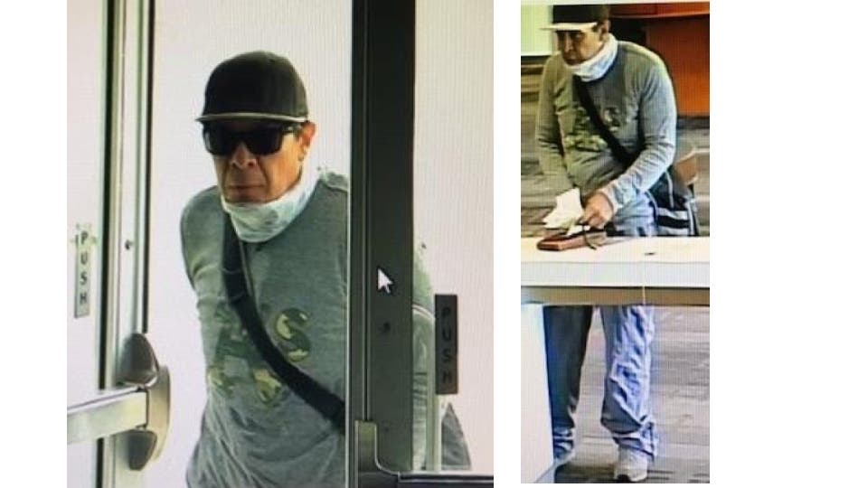 The suspect in a May 8, 2019 Petaluma, California bank robbery is shown in surveillance images provided by police.