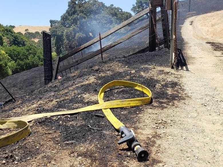 The "Fellow Fire" scorched grass and other vegetation along Franklin Canyon Road in Martinez, California.