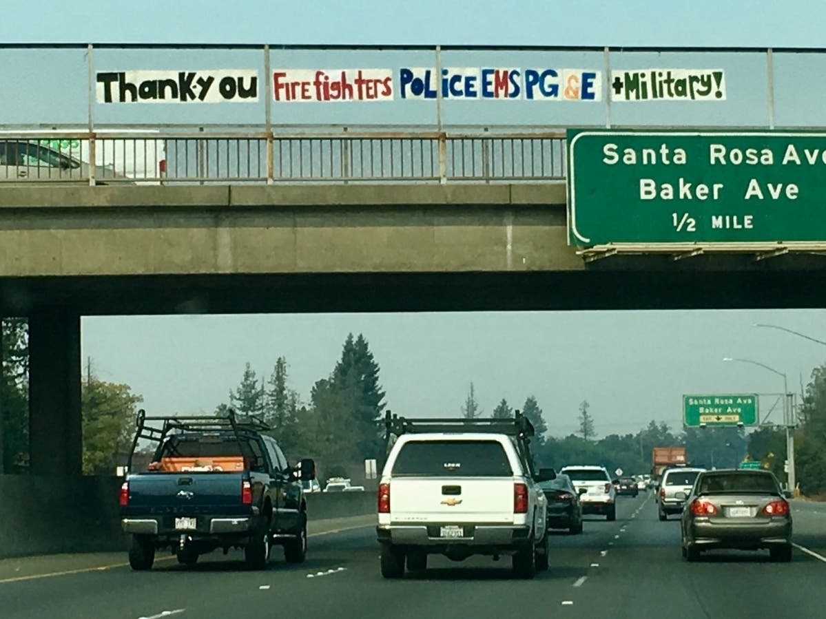 Signs spotted along U.S. Highway 101 in Santa Rosa express gratitude to first responders during the October 2017 wildfires.