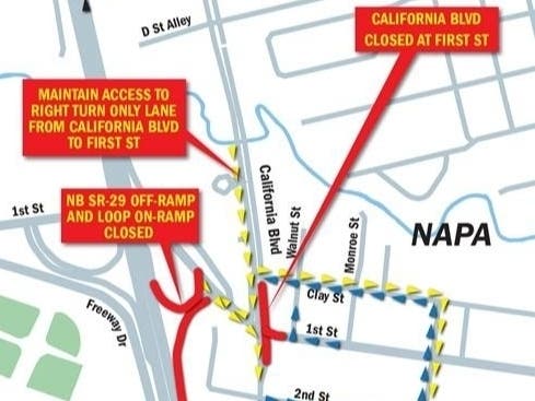 This map provided by Caltrans shows detour routes for the closure of the northbound SR-29 offramp to First Street in Napa, California.