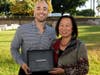 SSU student Anthony Tercero is pictured with SSU President Judy Sakaki after Tercero received a California State University Trustees' Award for Outstanding Achievement, Sept. 24, 2019.