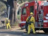 Riverside County firefighters put water on a smoldering tree on Brooks Road in Windsor, California, Sunday morning, Oct. 27, 2019, during the Kincade Fire.