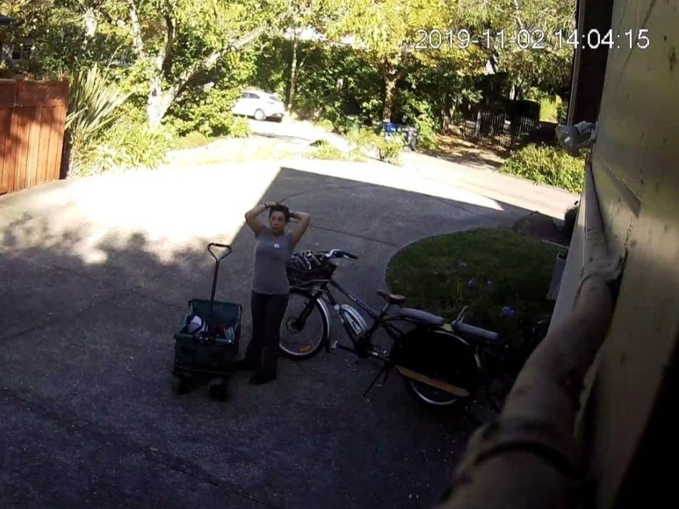A woman in her 20s of unknown ethnicity is shown in a surveillance image, Nov. 2, 2019 in the theft of a Yuba El Mundo electric bicycle from a Petaluma resident's driveway.