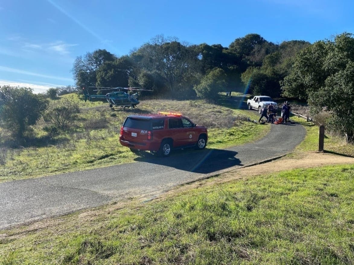 Paramedics with Petaluma Fire Department and North Bay Fire, along with a Sonoma County sheriff's helicopter crew, worked together to rescue an injured bicyclist, Saturday, Jan. 4, 2020 from Helen Putnam Park near Petaluma.
