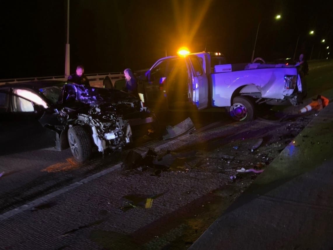 A Napa police vehicle and a black Honda are shown after the Honda driver rear-ended the police truck on Imola Avenue, Jan. 15, 2020.