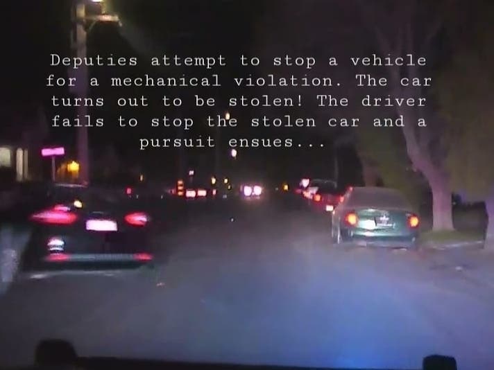 The view from a Solano County Sheriff's deputy's car during a pursuit early Tuesday in Vallejo, California.