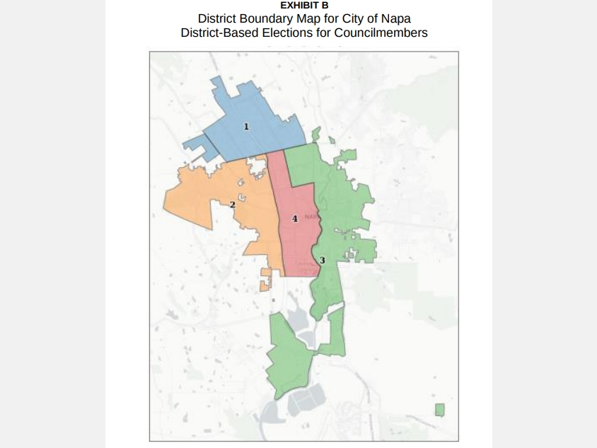 Napa City Council is expected to discuss and vote on the above draft map of four council districts.