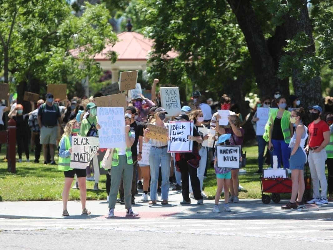 Petalumans are shown participating in a peaceful Black Lives Matter protest June 6. Now, the Petaluma Public Art Committee seeks artists to help paint a temporary Black Lives Matter mural on the street in front of the Petaluma Public Library.