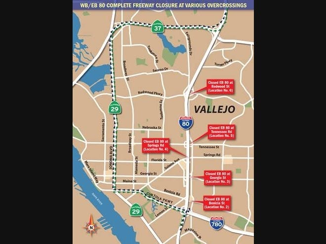 I-80 will be closed overnight Jan. 13-14 between I-780 and State Route 37 in Vallejo.