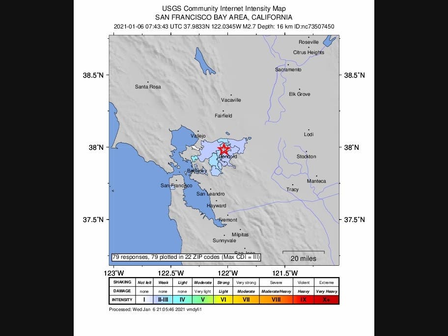 The U.S. Geological Survey provided this "shake map" of a magnitude 2.7 earthquake recorded Tuesday night near the East Bay city of Concord.