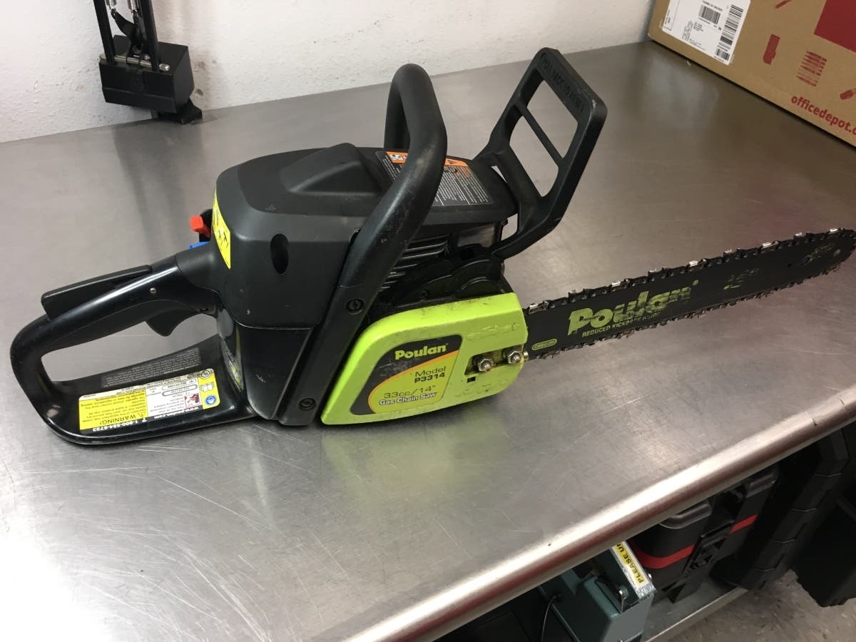 Kristopher Paul Weber, 39, of Petaluma is accused of using the pictured chainsaw to vandalize city of Petaluma signs.