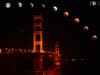 This composite image shows Wednesday's super flower blood moon eclipse in phases, with the iconic Golden Gate Bridge in the foreground. In reality, the orbit was much steeper than shown in the image. 
