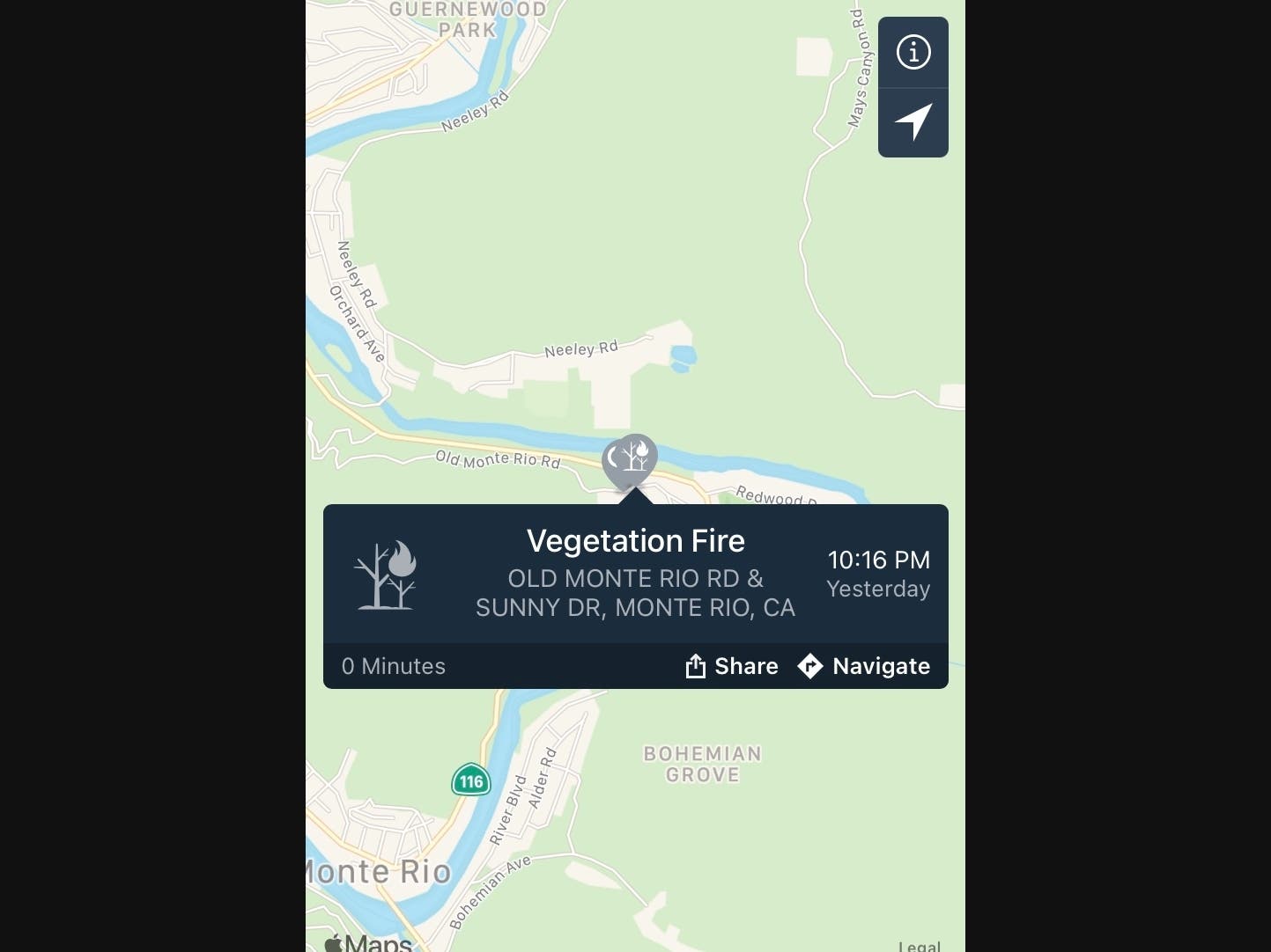 The Shady Fire broke out around 10:15 p.m. Thursday near Old Monte Rio Road and Sunny Drive, this screengrab from the Pulsepoint cellphone app shows.