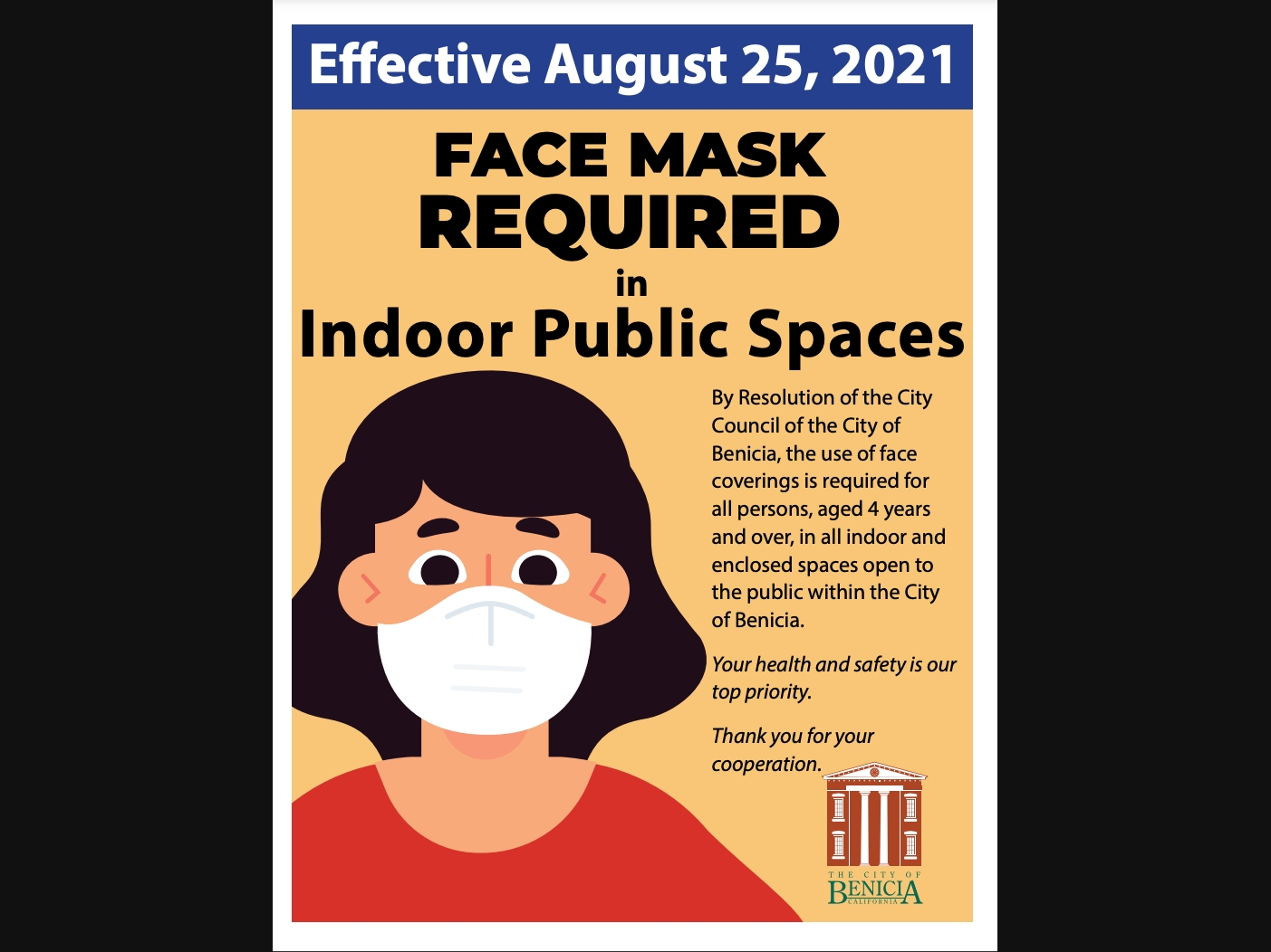 An indoor mask mandate was approved Tuesday night by Benicia City Council. The County of Solano has not yet issued an order mandating face coverings when inside public spaces.