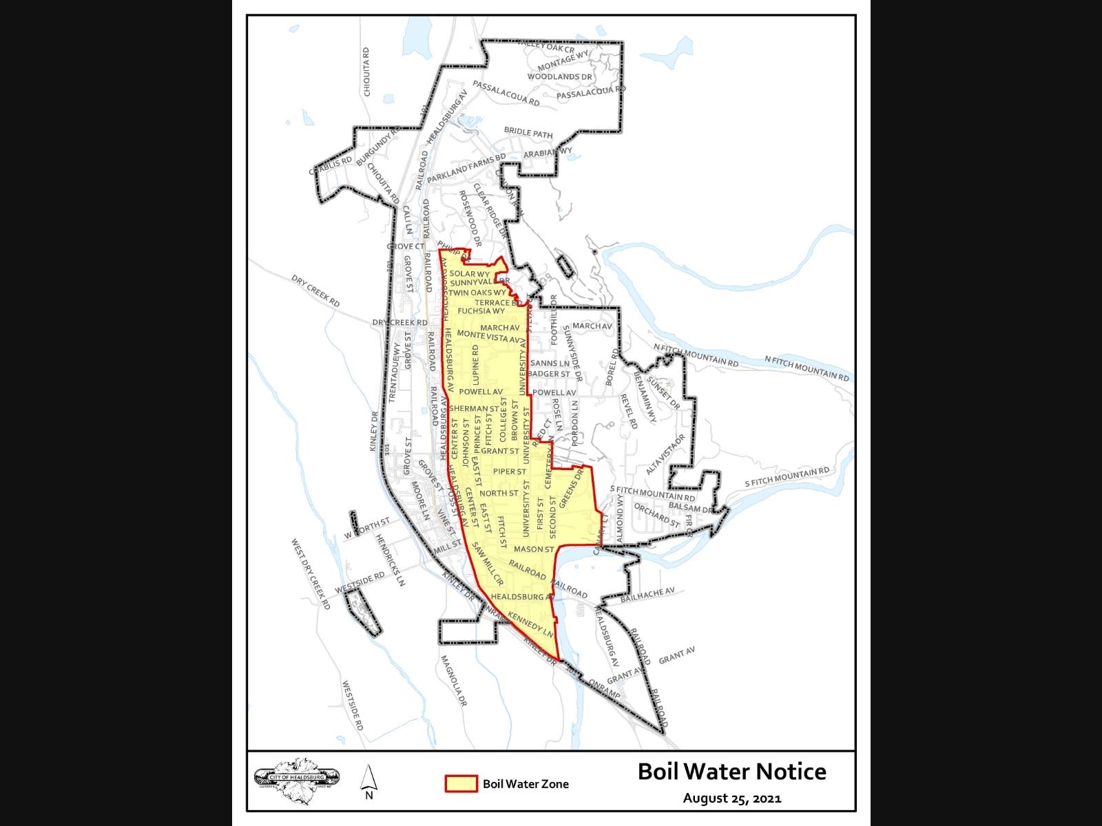 Residents within the yellow highlighted area were under a boil water notice since Wednesday. The notice was lifted Friday morning, as the city's water was deemed safe to drink.