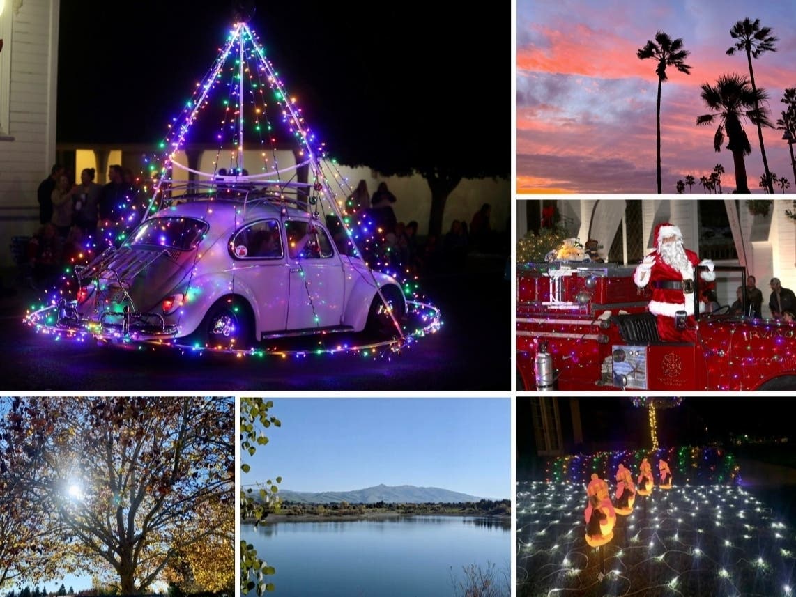 Clockwise from top left: Napa Lighted Christmas Parade; Vibrant Venice Beach Boardwalk Sunset; Santa At Napa Lighted Christmas Parade; Alameda Christmas Decorations; Lake And Mountain; Autumn In Sacramento