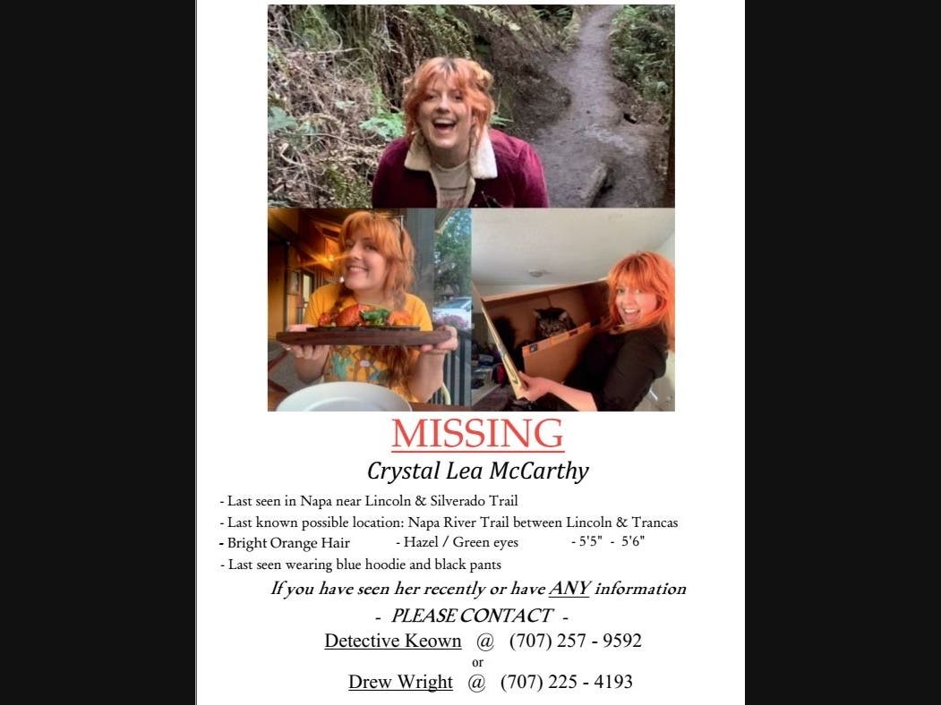 The flyer about missing woman Crystal Lea McCarthy was posted to Facebook on Monday by the Napa Police Department.