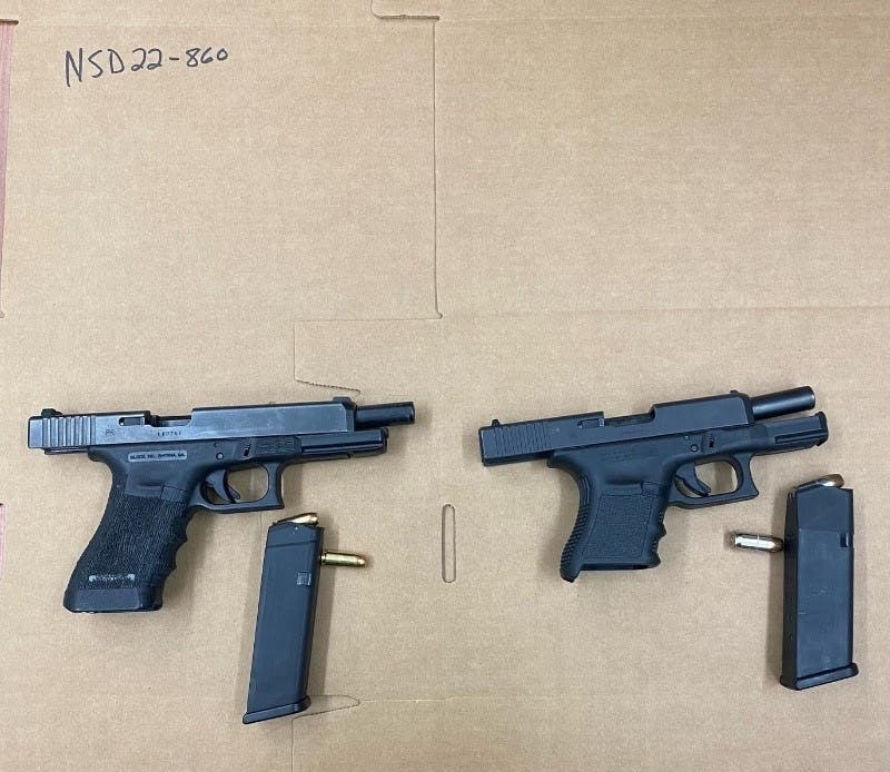 Convicted felon Gregory Morton, 27, of Pleasant Hill was found in possession of .40-caliber and .45-caliber Glock semi-automatic handguns in a search of his car Sunday in American Canyon, police said.