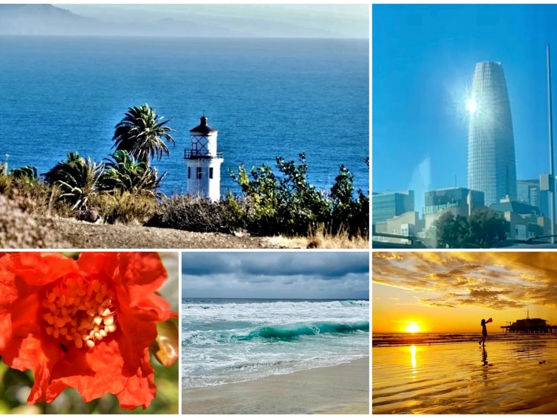 Clockwise from top left: Catalina View From Point Vicente Lookout; Salesforce Tower Reflects The Sun; Fireball Sunset At The Santa Monica Pier; Blue Waves At Tamarack Beach; Pomegranate Flower