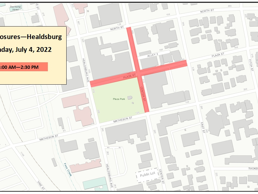 A map of the road closures July 4 in Healdsburg.