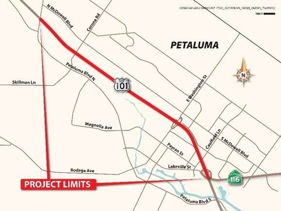 The Petaluma Widening Project was the northernmost of the Marin Sonoma Narrows projects connecting a four-mile stretch of carpool lanes between the Marin-Sonoma border and Lakeville Highway.