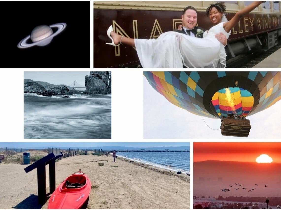 Clockwise from top left: Saturn From Danville; Saturday Morning In Napa; Hot Air Balloon In Napa; Cranes Fly Through Hazy Summer Sunset; End of Summer; 3 Takes On The Golden Gate Bridge