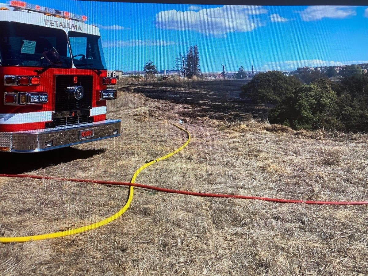 The Petaluma Fire Department responds to a brush fire Wednesday at the Petaluma River Park on the Steamer Landing Peninsula.