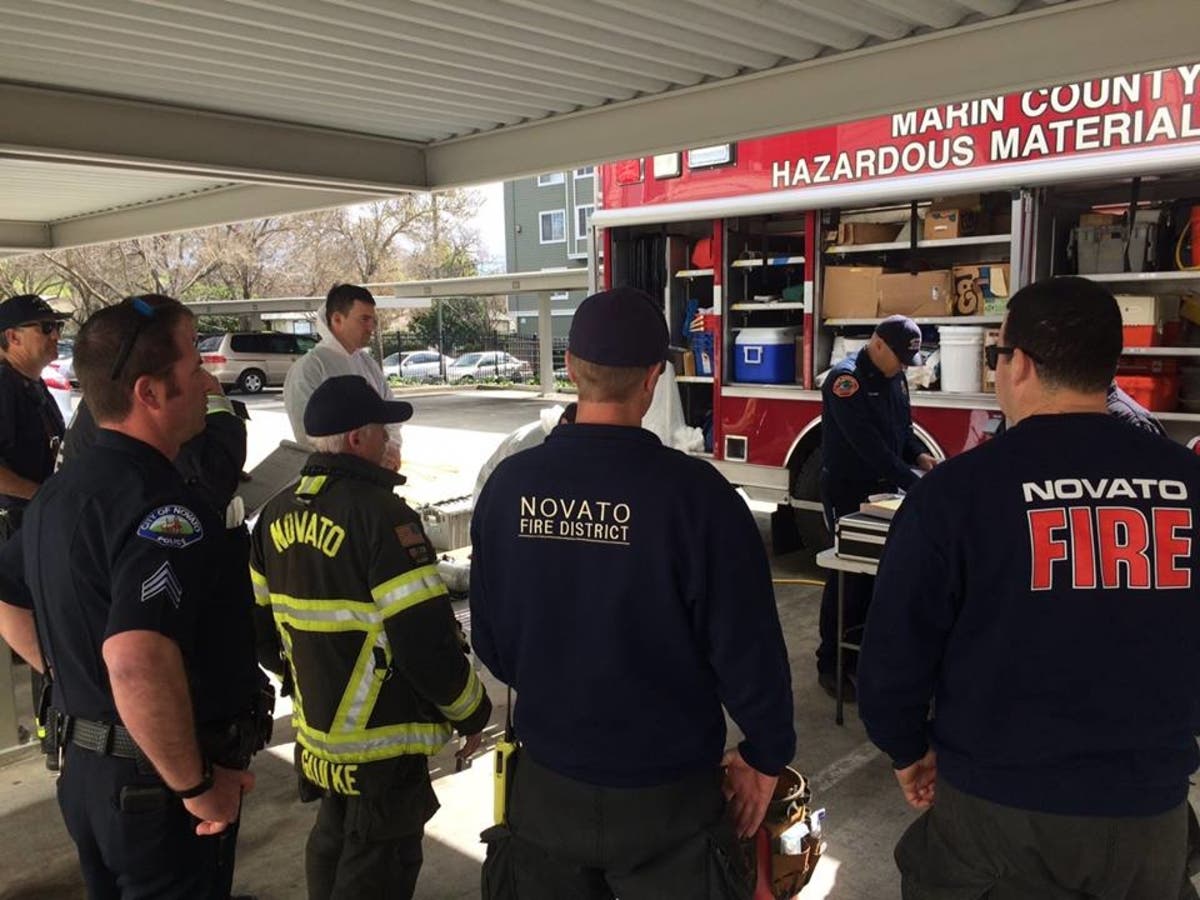 Officers investigate a hazmat incident with Novato Fire and the Marin County Hazardous Materials Team.